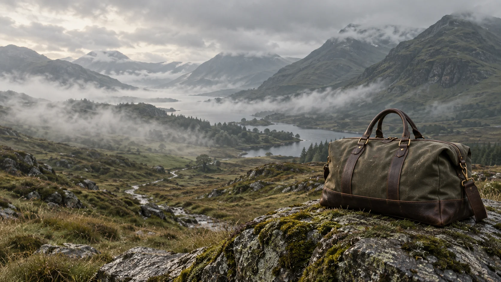 Travel bag concept in a misty mountain landscape